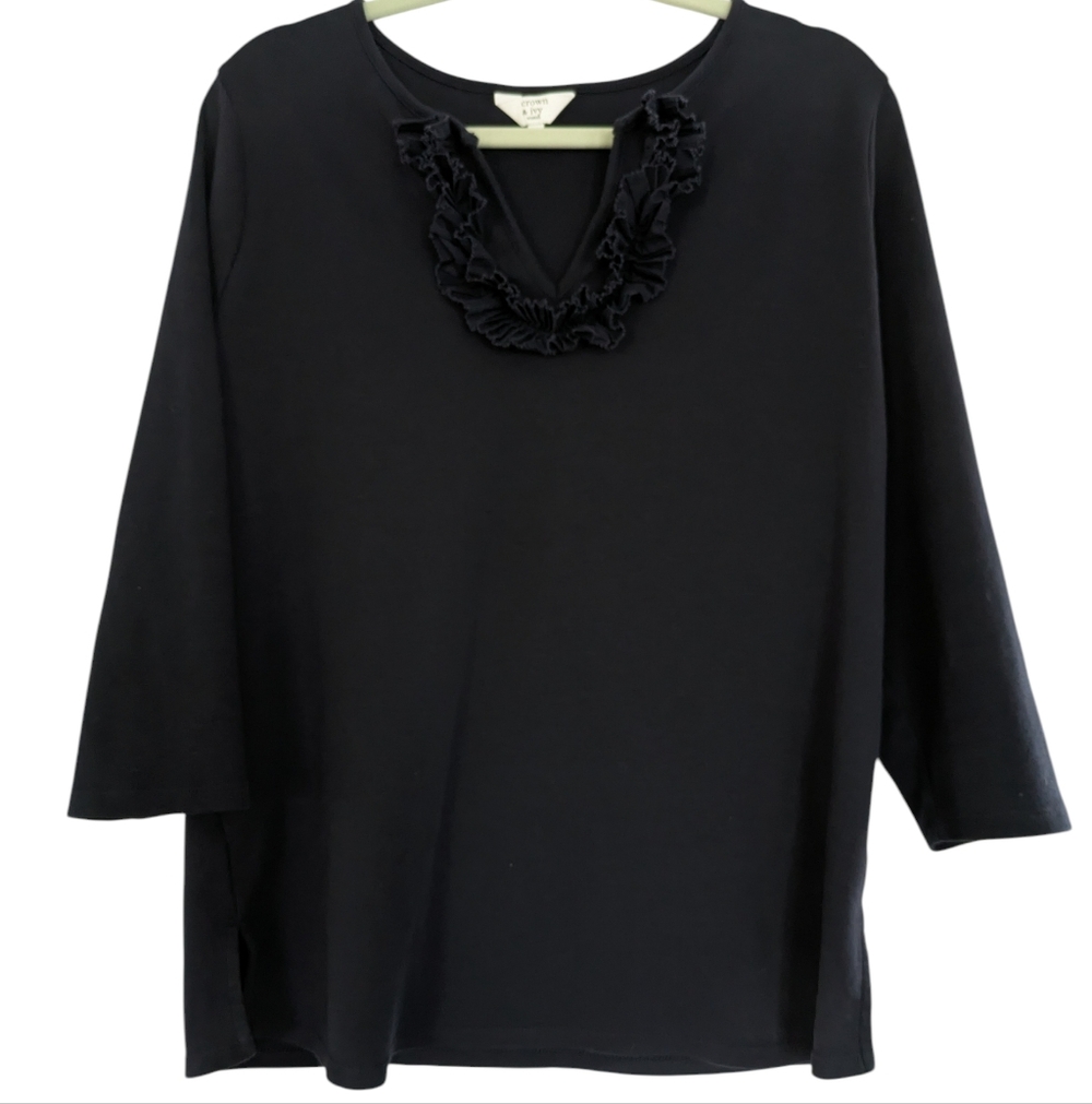 Crown & Ivy woman Top Navy Blue Ruffle V Neck Size 1X